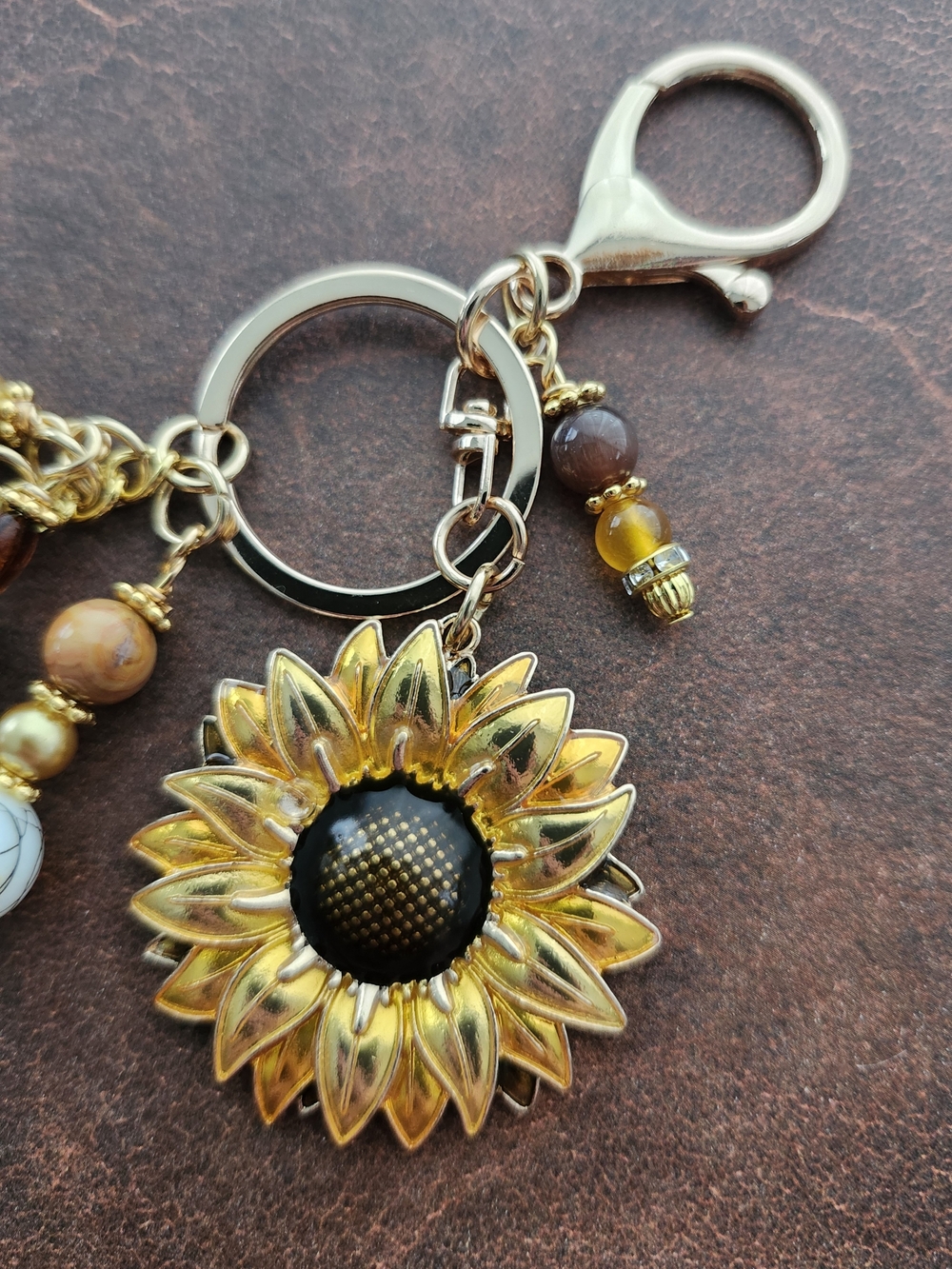 Sunflower Purse Charm or Keychain Jasper Agate Stone Glass Handcrafted - Picture 2 of 5